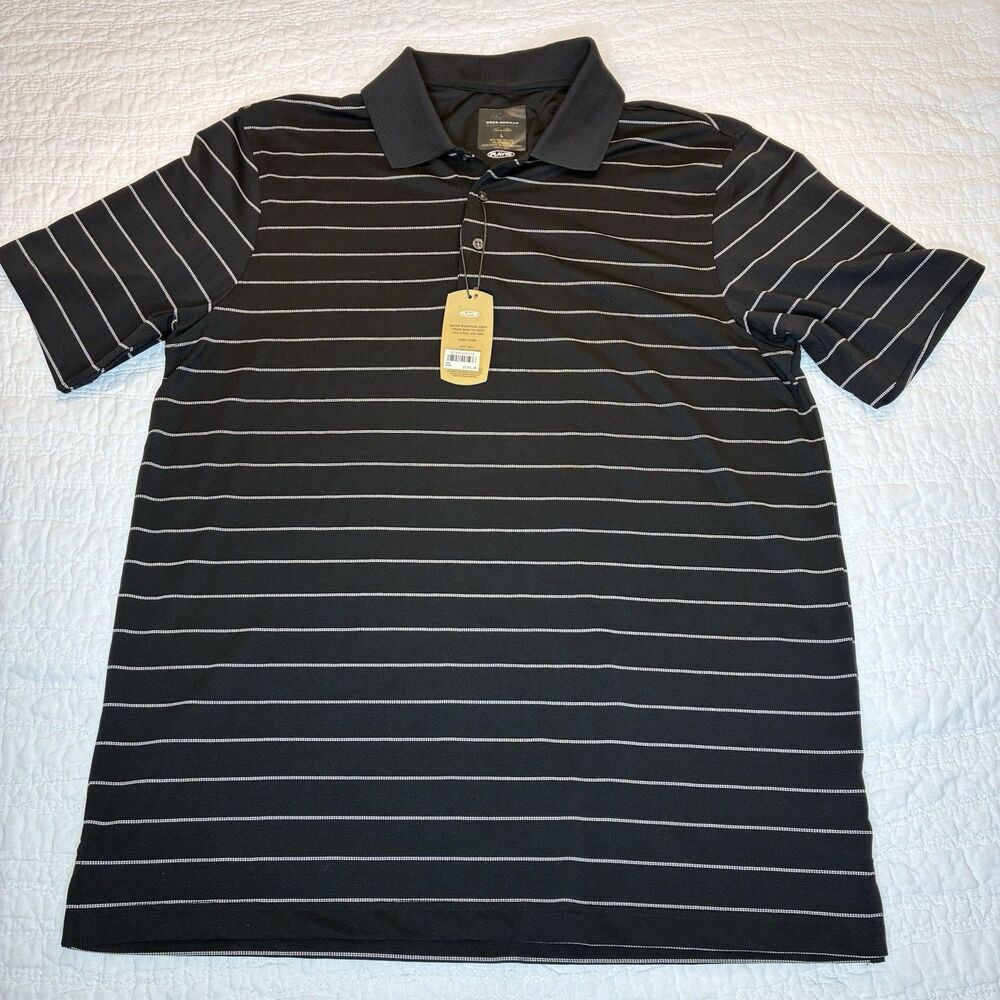 New Greg Norman PlayDry Men's Golf Polo Sz L Black w/White Stripes Moisture Wick